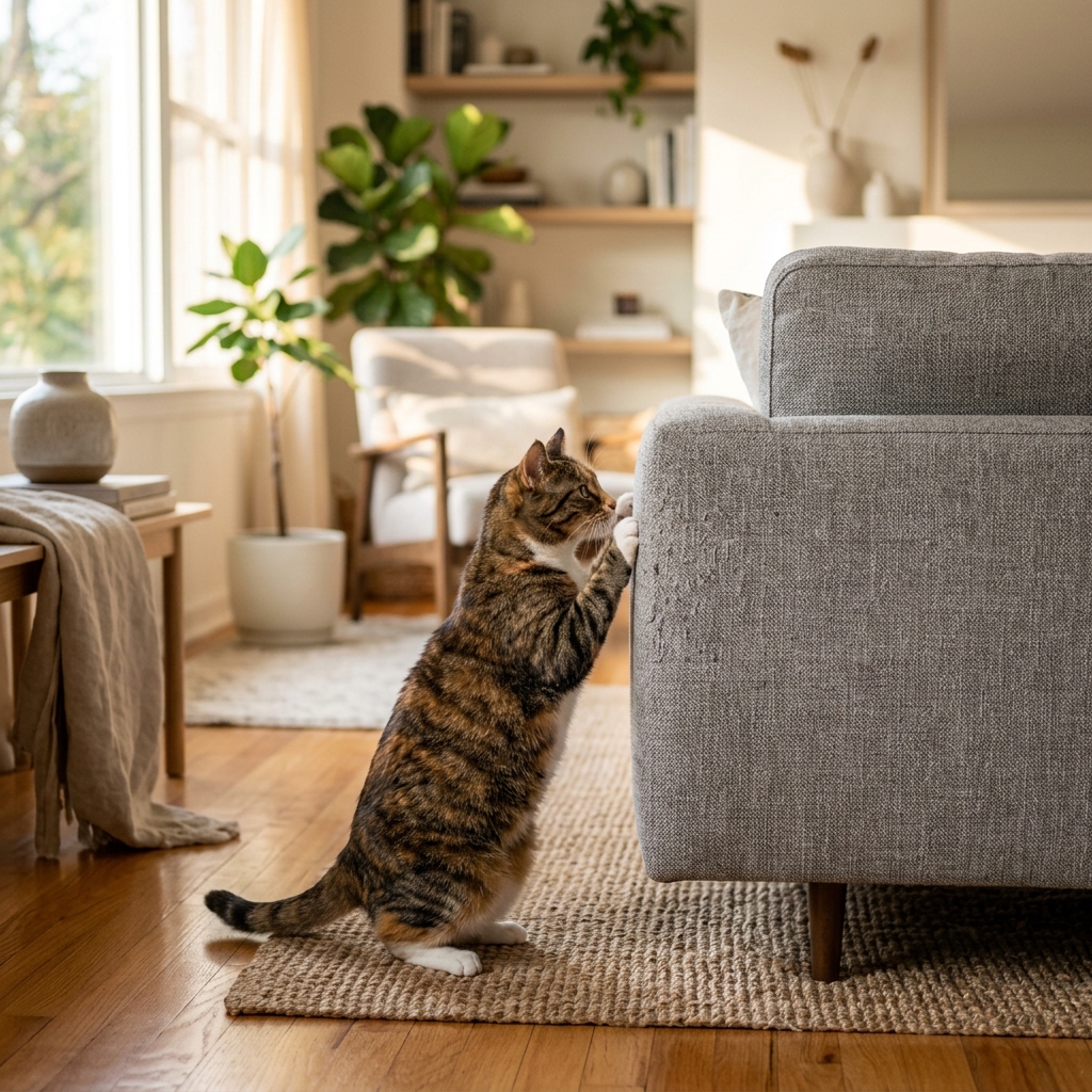 Gato arañando el sofá en un hogar acogedor, ilustrando el comportamiento de rascado en felinos.