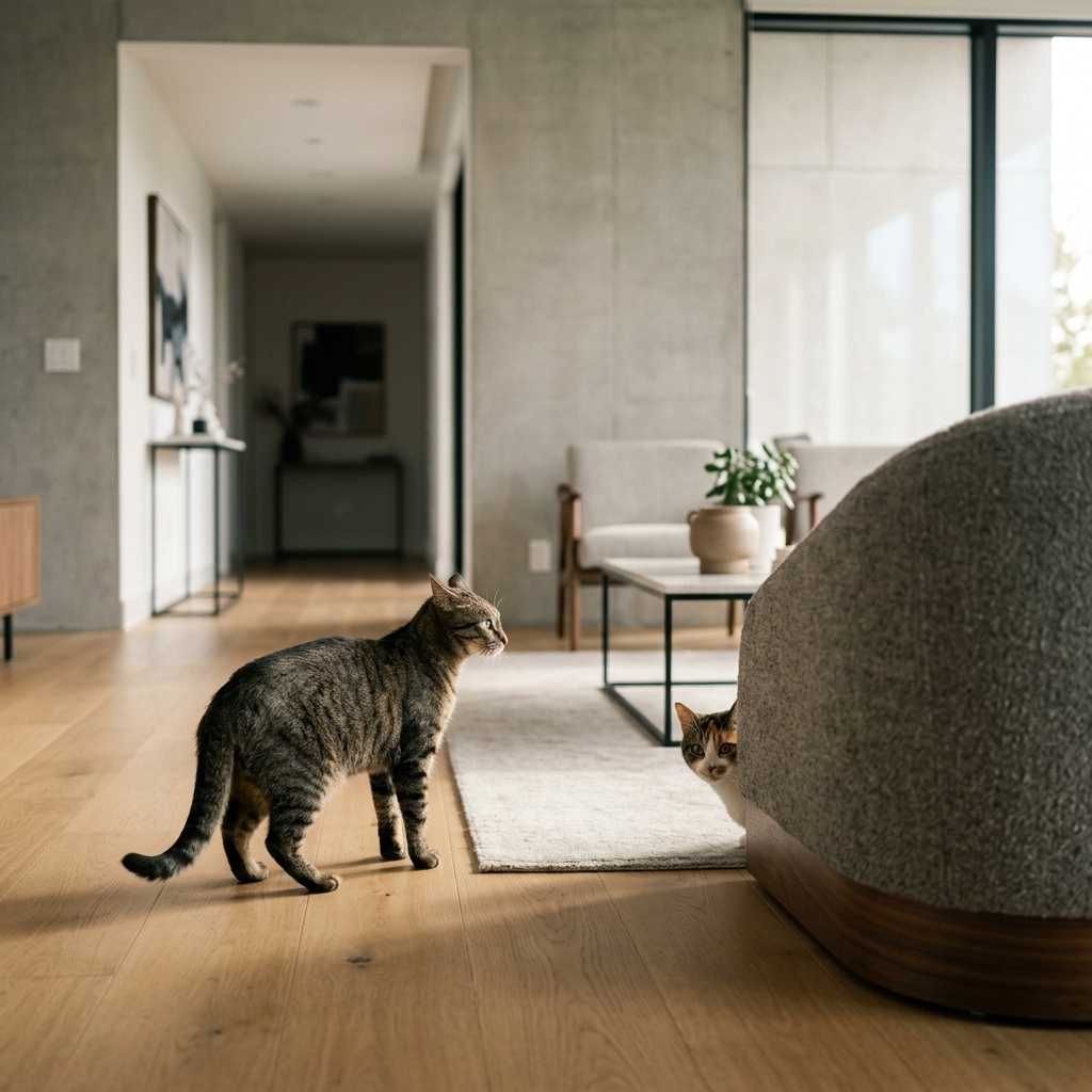 Gato tenso en casa