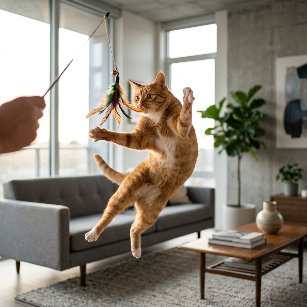 Gato en plena acción saltando para atrapar un juguete de plumas