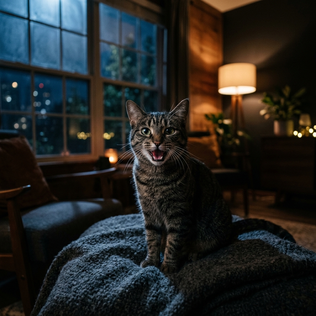 Gato maullando en la noche, sentado sobre una manta en un entorno acogedor, reflejando comportamientos felinos nocturnos.