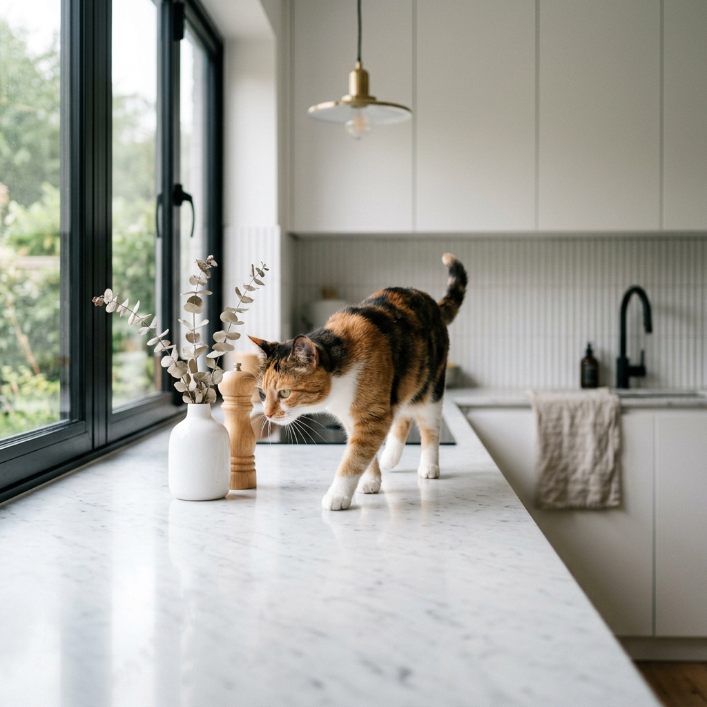 Gato explorando un mesón de cocina moderno