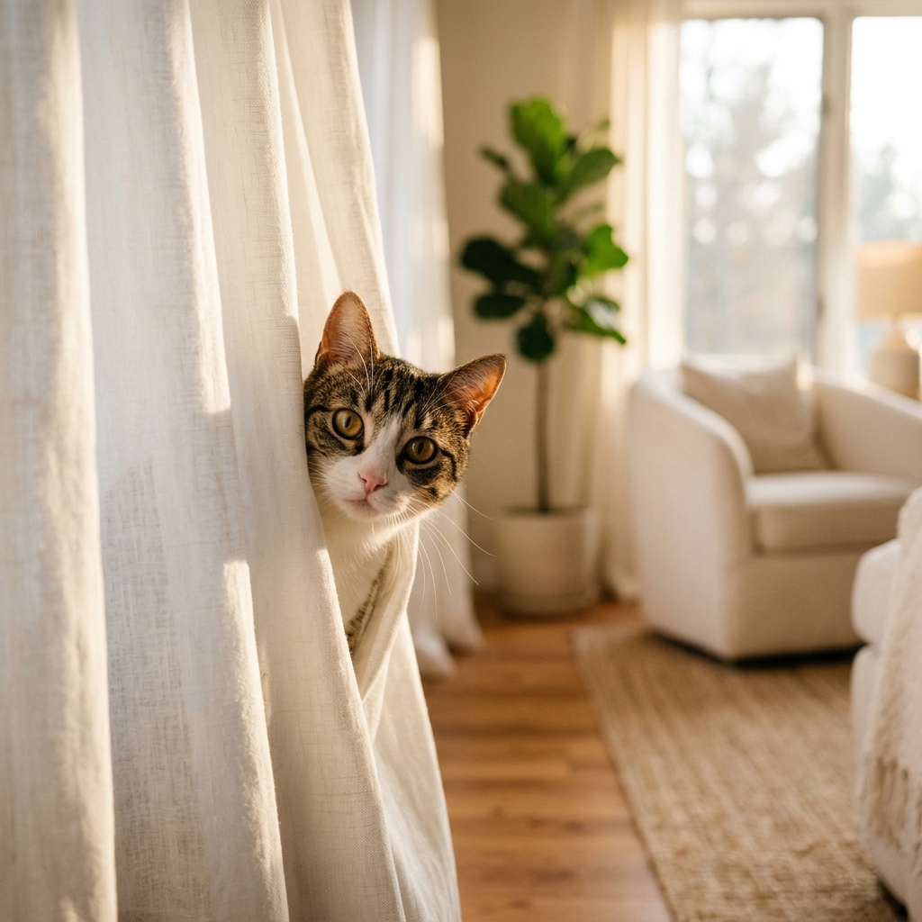 Gato asomándose detrás de una cortina en un ambiente acogedor, reflejando la ansiedad y el miedo felino.