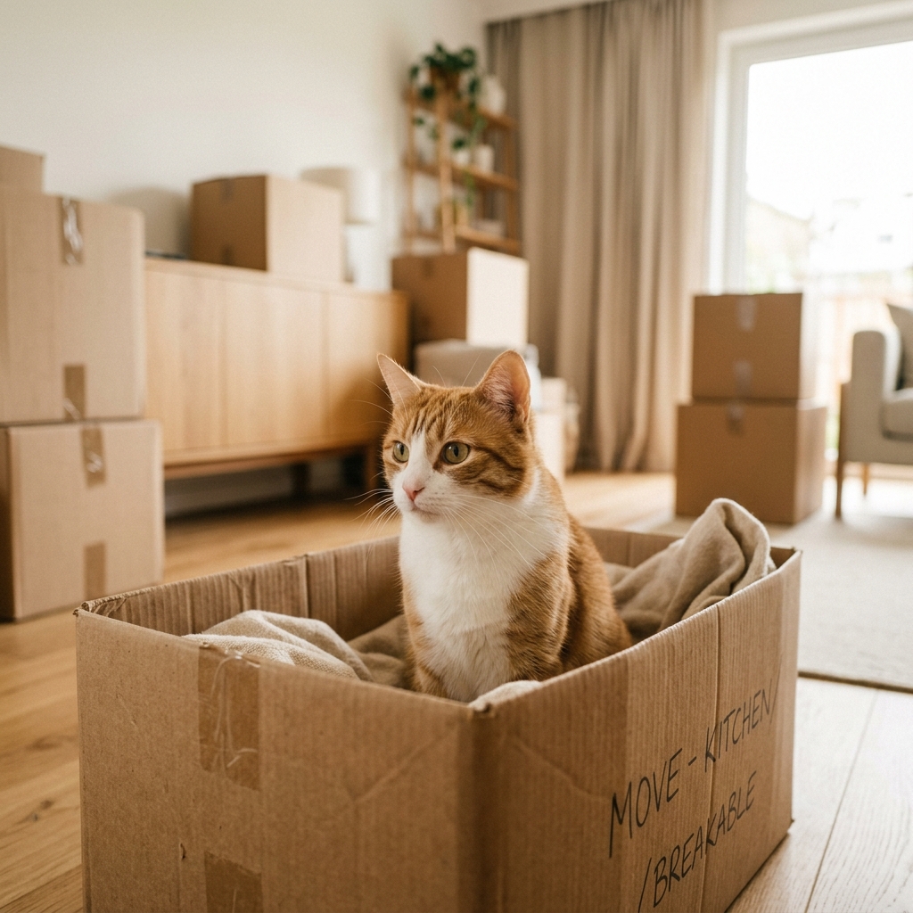 Gato tranquilo dentro de una caja de mudanza en un apartamento iluminado