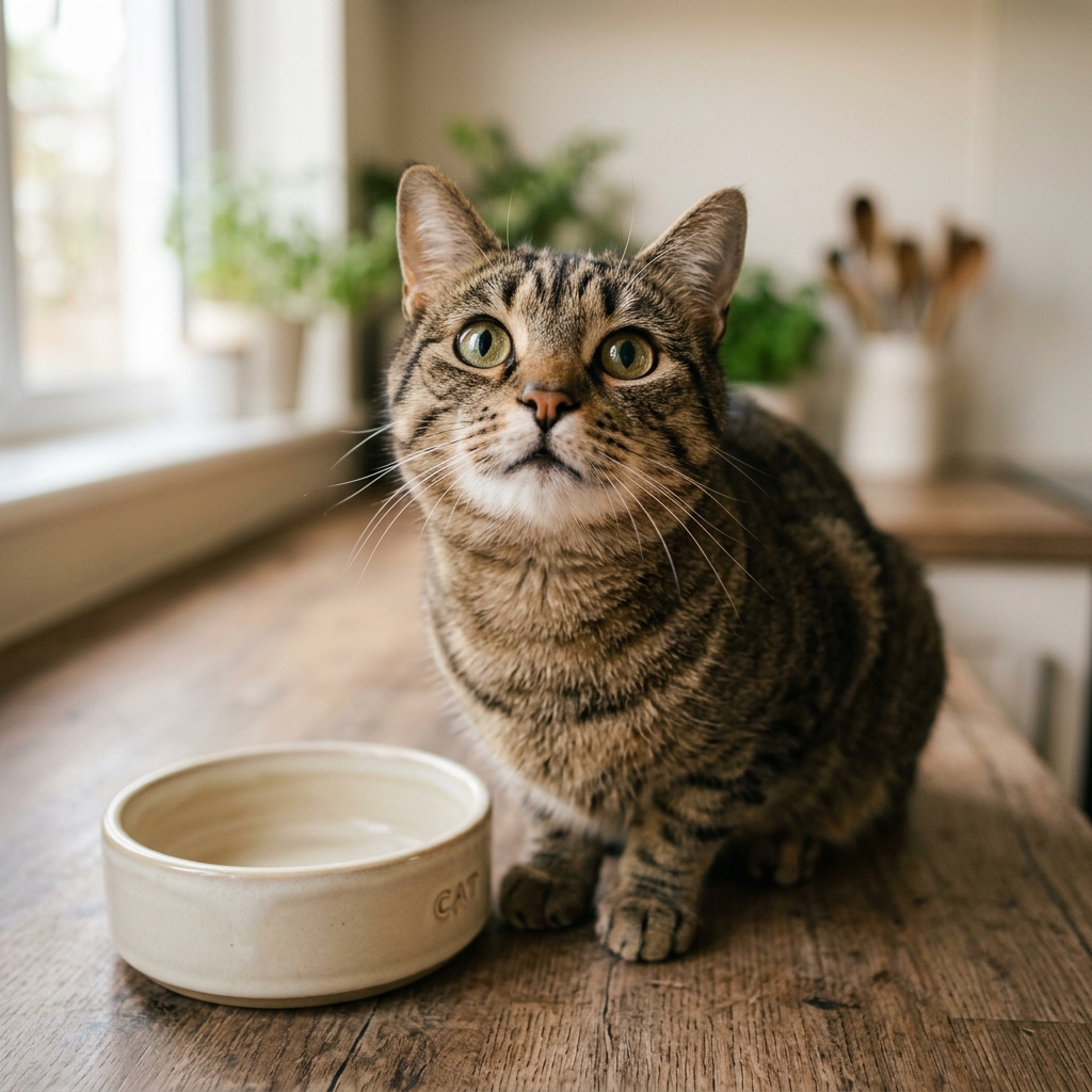 Gato sentado junto a su plato de comida pidiendo atención