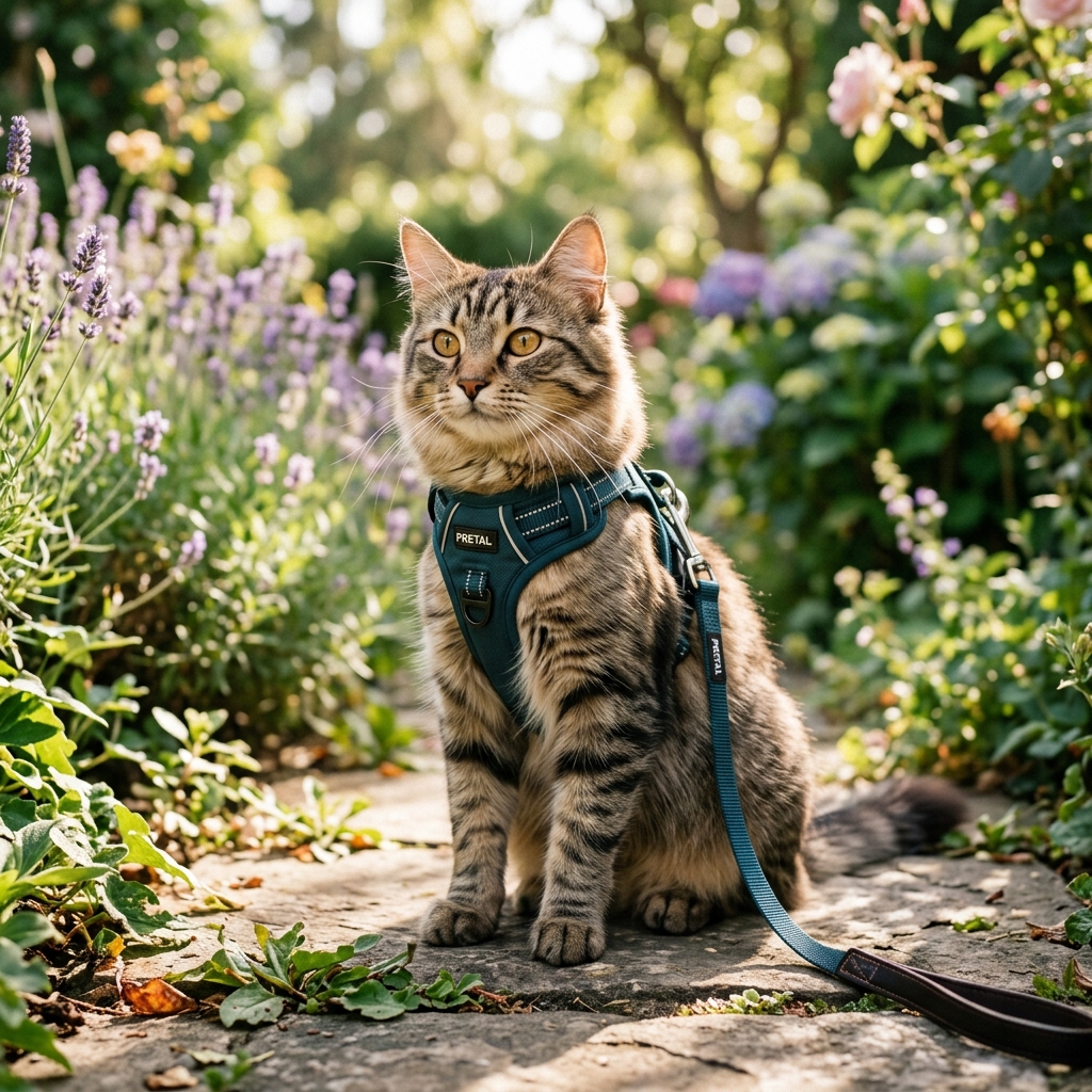 Gato con pretal en jardín seguro