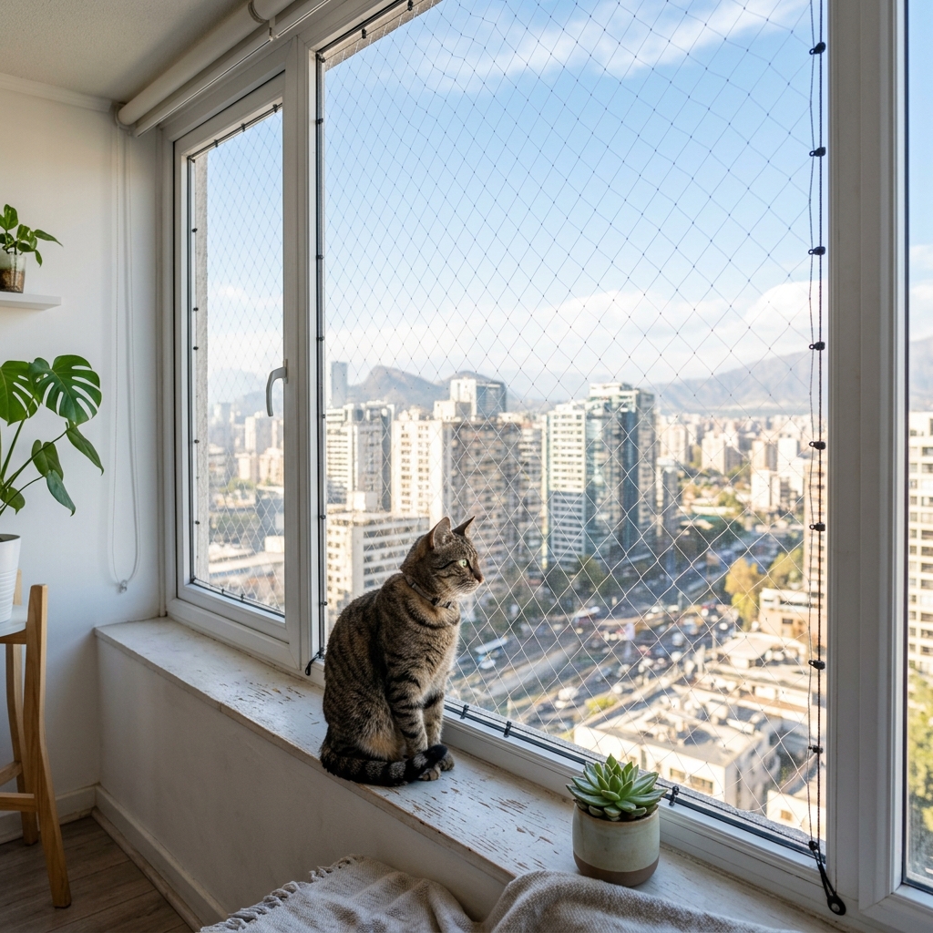 Gato seguro tras malla en ventana