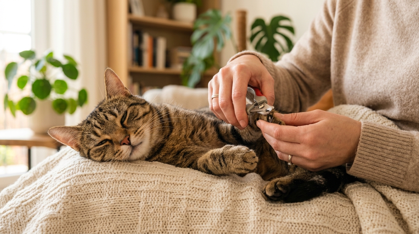 Gato descansando relajado mientras le cortan las uñas de forma tranquila