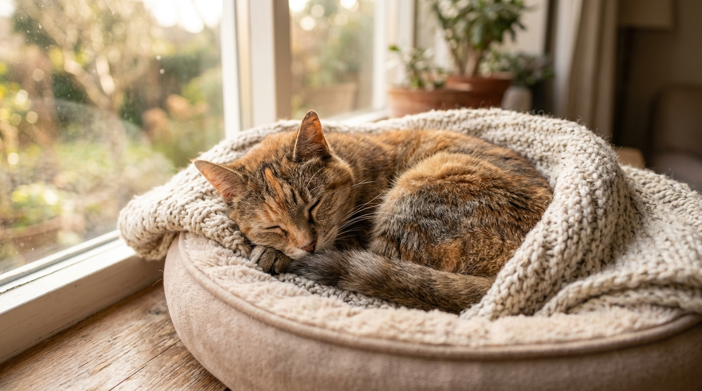 Gato senior descansando plácidamente en una camita acolchada con una manta suave